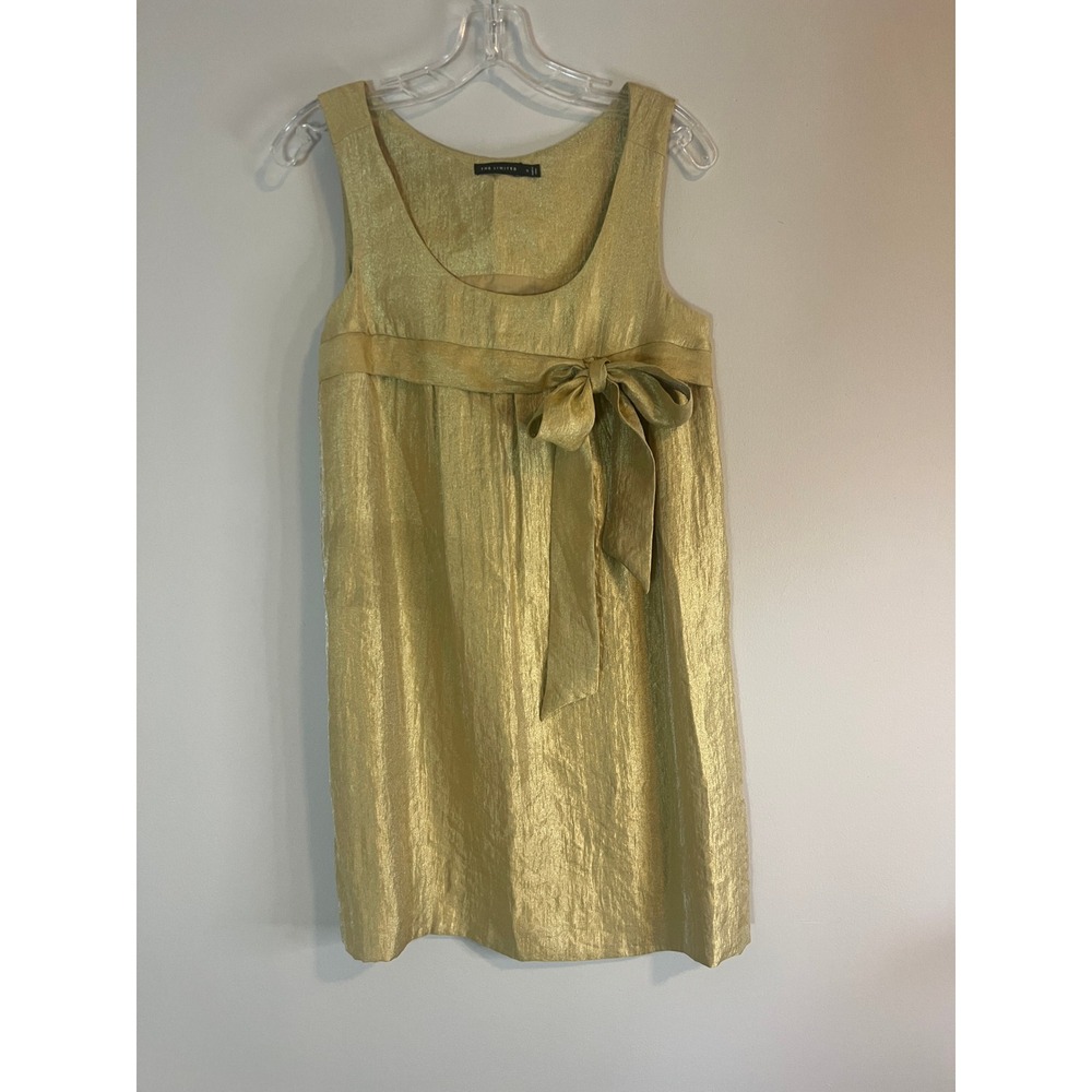 The Limited Gold Metallic Sleeveless Empire Waist Bow Shift Dress‎ Womens Small